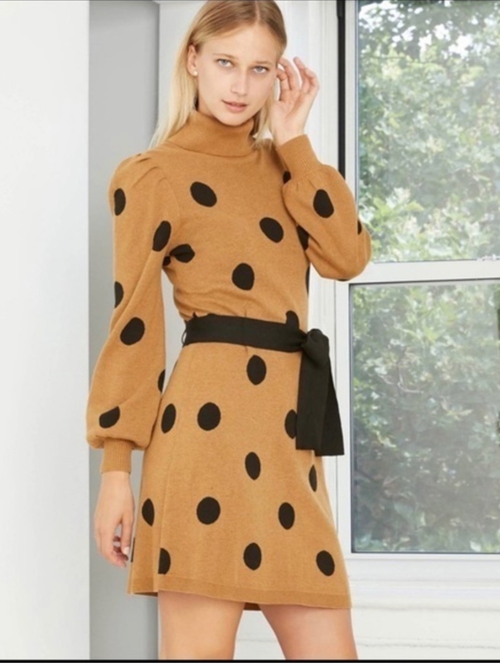 Who What Wear Polka Dot Turtleneck Sweater Dress Brown & Black Large